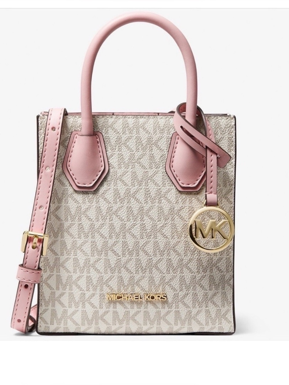Michael Kors Mercer Mini Tote in cream and pink with Gold Hardware and strap